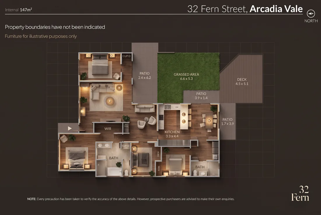 Floorplan of 32 Fern Street showing four bedrooms, two bathrooms, kitchen, living areas, patios, lawn and deck