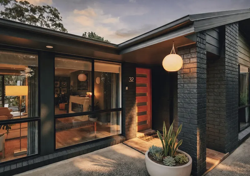 Front entry with timber door and pendant light