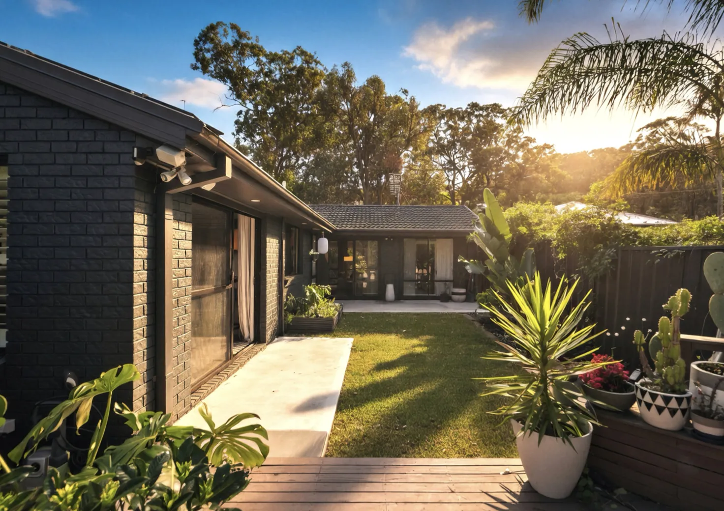 Backyard with lawn and timber deck